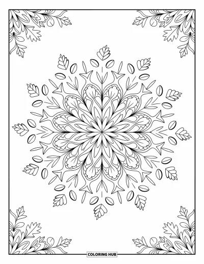 Autumn Coloring Page for Adults: A mandala of autumn leaves, acorns, and swirling vines with delicate patterns