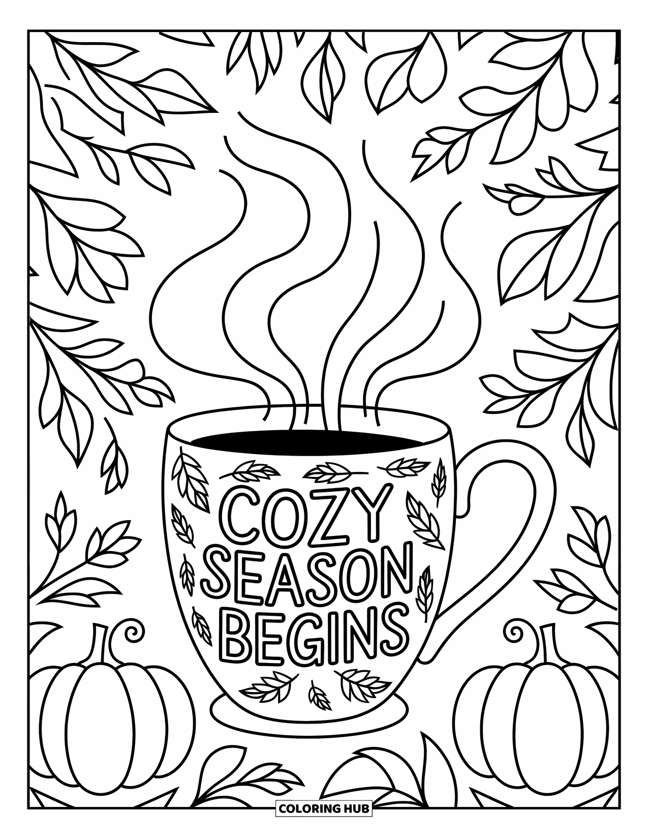 Desenho de outono para colorir para adultos: Uma caneca com padrões de abóbora e a frase "A estação aconchegante começa" cercada por desenhos de outono