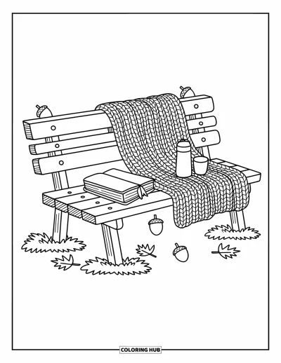 Autumn Coloring Page for Adults: A park bench with a blanket, book, thermos, and playful leaf piles