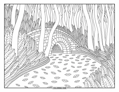 Autumn Coloring Page for Adults: A peaceful path of leaves leading to a stone bridge in the woods