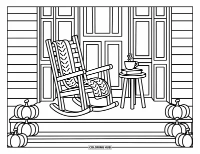 Autumn Coloring Page for Adults: A porch with a rocking chair, soft throw, books, and playful pumpkins on the steps