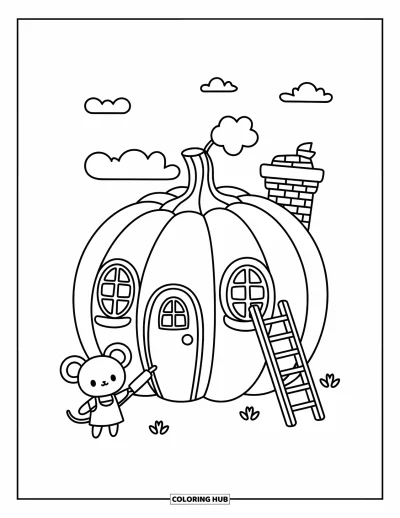 Autumn Coloring Page for Adults: A pumpkin house with a ladder, rooftop lookout, and a mouse in an apron