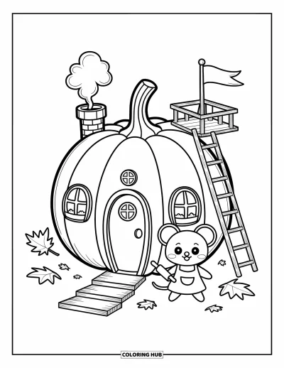 Autumn Coloring Page for Adults: A pumpkin house with a tiny door, chimney smoke, and a mouse with a rolling pin