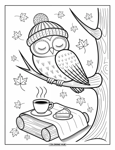 Autumn Coloring Page for Adults: A relaxed owl in a cozy hat sits on a branch above tea, pie, and drifting leaves