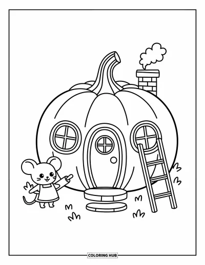 Autumn Coloring Page for Adults: A round pumpkin house with a tiny chimney and a mouse holding a rolling pin