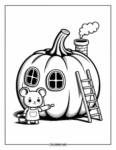 Autumn Coloring Page for Adults: A round pumpkin house with windows, a chimney, and a mouse holding a rolling pin