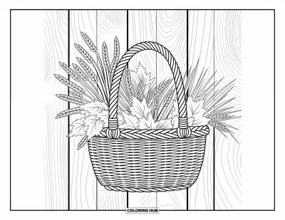 Autumn Coloring Page for Adults: A rustic basket brimming with herbs, wheat, and woodland finds