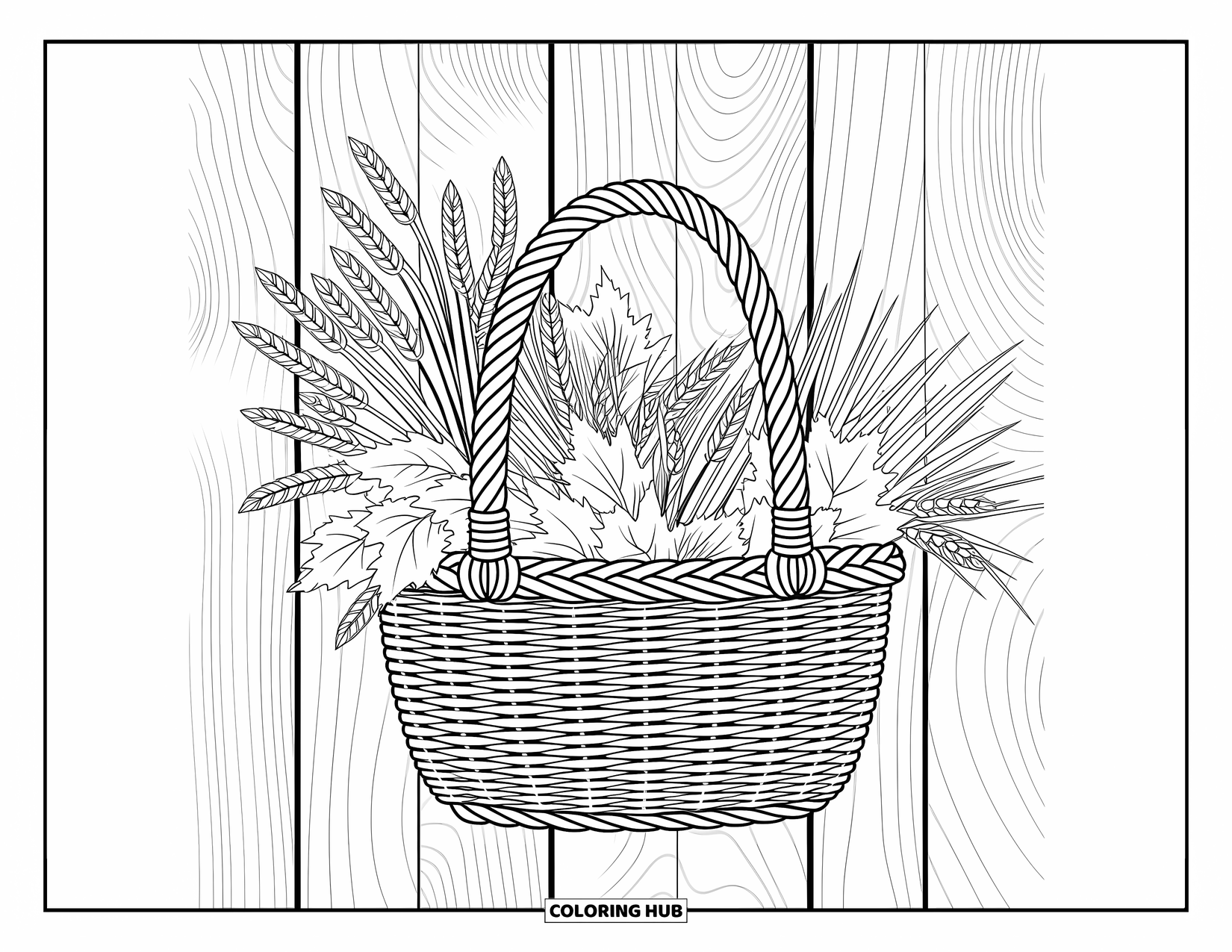 Desenho de outono para colorir para adultos: Uma cesta rústica repleta de ervas, trigo e achados da floresta
