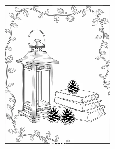 Autumn Coloring Page for Adults: A rustic lantern beside books and pinecones with swirling vines and ornate borders