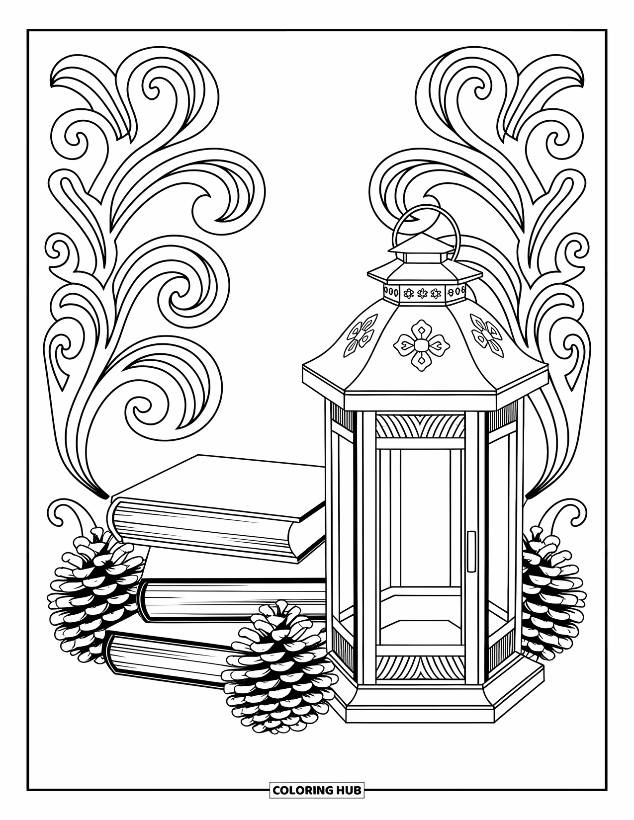 Desenho de outono para colorir para adultos: Uma lanterna rústica com livros e pinhas cercada por padrões e vinhas rodopiantes