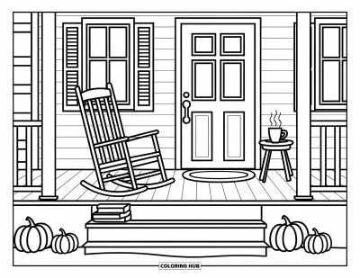 Autumn Coloring Page for Adults: A rustic porch with a rocking chair, books, a steaming cup, and tiny pumpkins