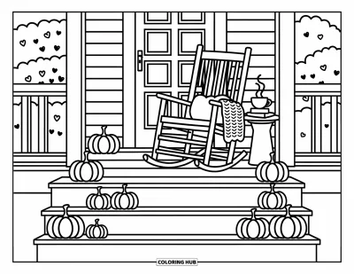 Autumn Coloring Page for Adults: A rustic porch with a rocking chair, books, steaming cup, and tiny pumpkins