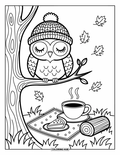 Autumn Coloring Page for Adults: A sleepy owl in a knitted beanie sits on a branch above a cozy picnic
