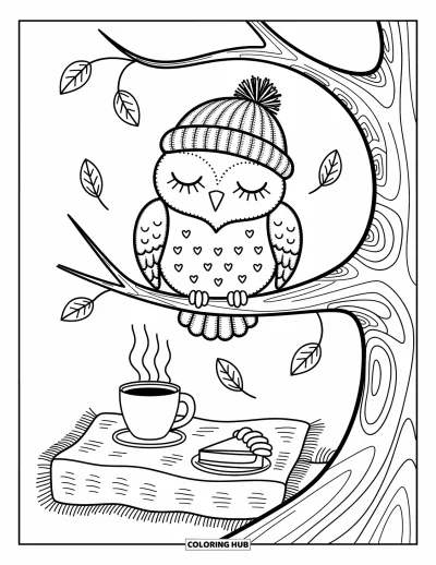 Autumn Coloring Page for Adults: A sleepy owl with a beanie perched on a branch over a whimsical picnic scene