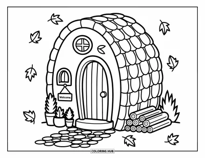 Autumn Coloring Page for Adults: A small cottage with a leaf-covered roof, cobblestone path, and falling leaves