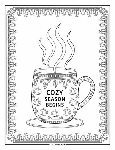 Autumn Coloring Page for Adults: A steaming mug with pumpkin and leaf designs and the phrase "Cozy Season Begins