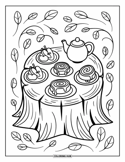 Autumn Coloring Page for Adults: A stump table set for autumn with apple slices, cinnamon rolls, and a little teapot