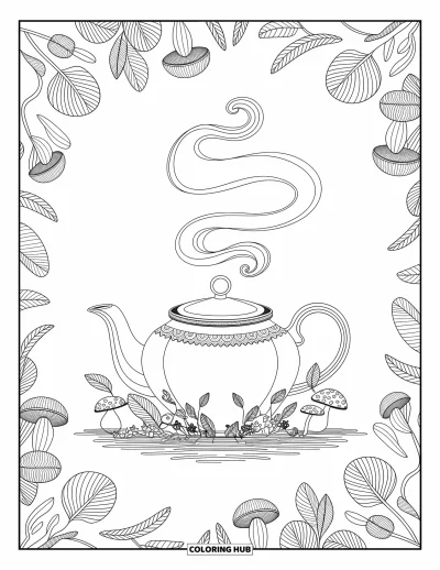 Autumn Coloring Page for Adults: A teapot with curling steam, tiny mushrooms, and leaves surrounded by artistic designs