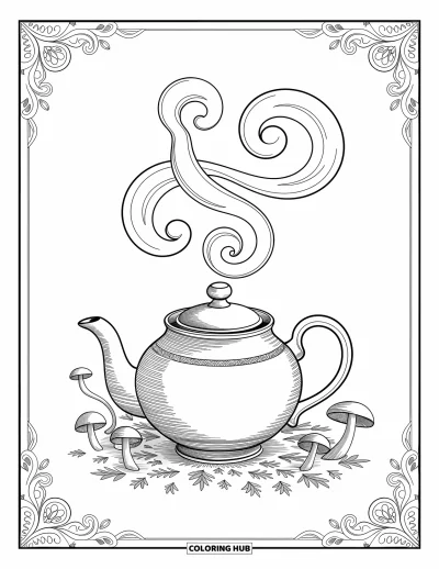 Autumn Coloring Page for Adults: A teapot with elegant steam patterns, mushrooms, and leaves in detailed surroundings