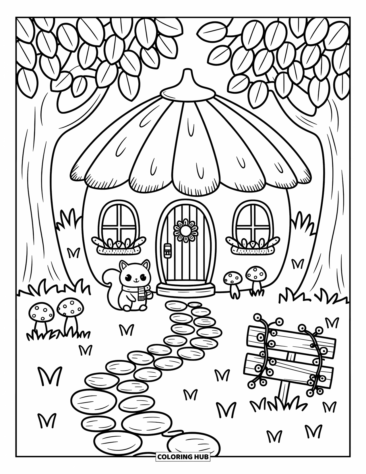 Desenho de outono para colorir para adultos: Uma pequena cabana na floresta com um telhado de colmo, caminho de pedra e um esquilo segurando uma lanterna