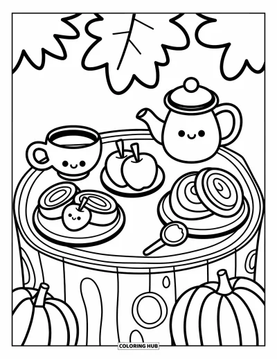 Autumn Coloring Page for Adults: A tree stump table with plates of apple slices, cinnamon rolls, and a teapot
