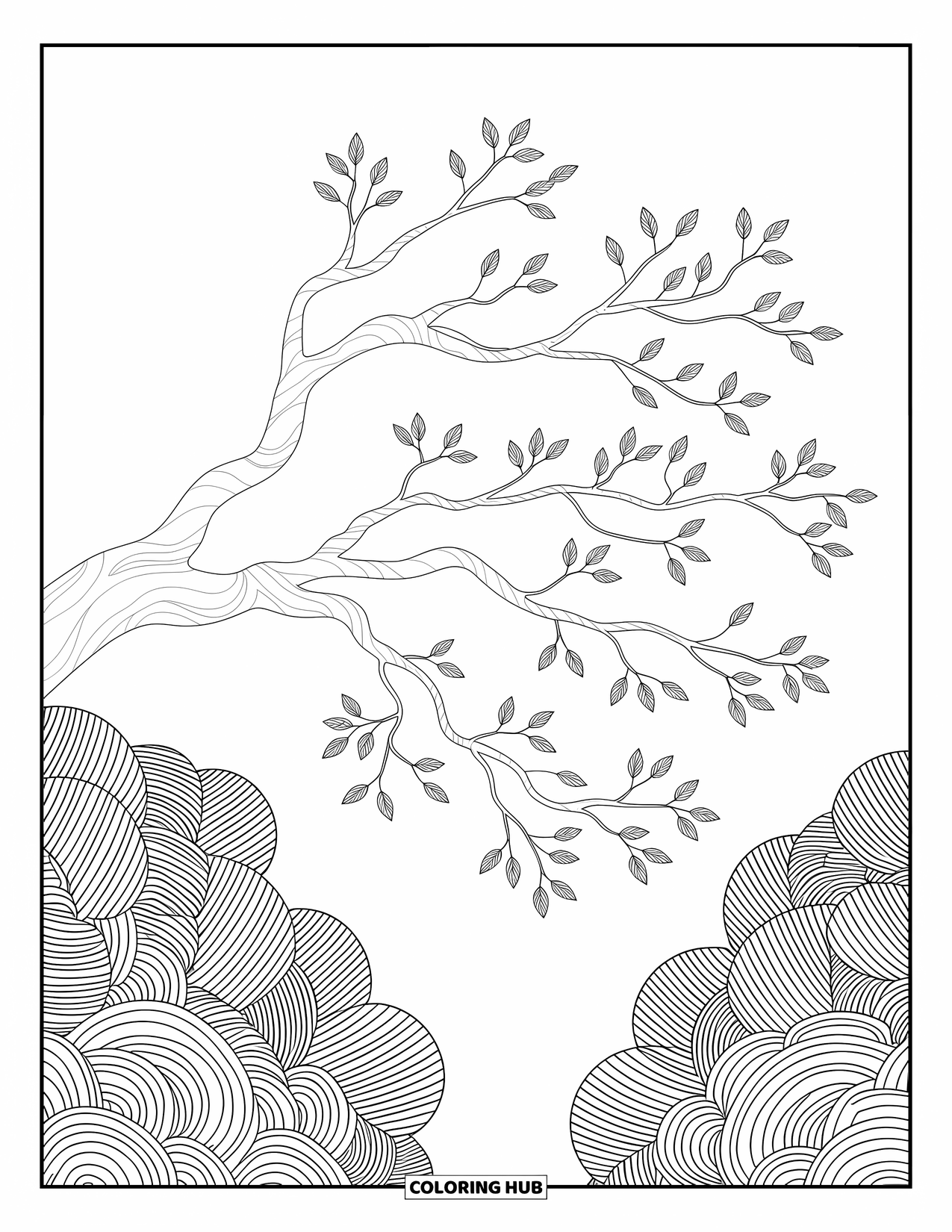 Desenho de outono para colorir para adultos: Uma árvore com galhos retorcidos e folhas caindo cercada por padrões artísticos