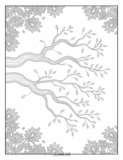 Autumn Coloring Page for Adults: A tree with graceful branches and falling leaves surrounded by decorative patterns
