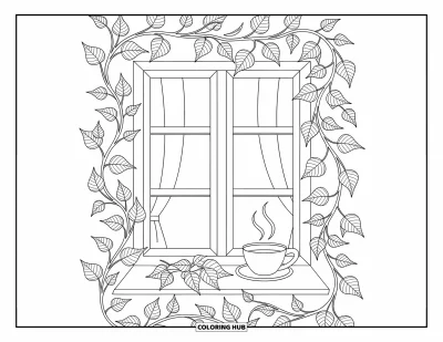 Autumn Coloring Page for Adults: A warm cabin window with tea, swirling vines, and delicate leafy borders