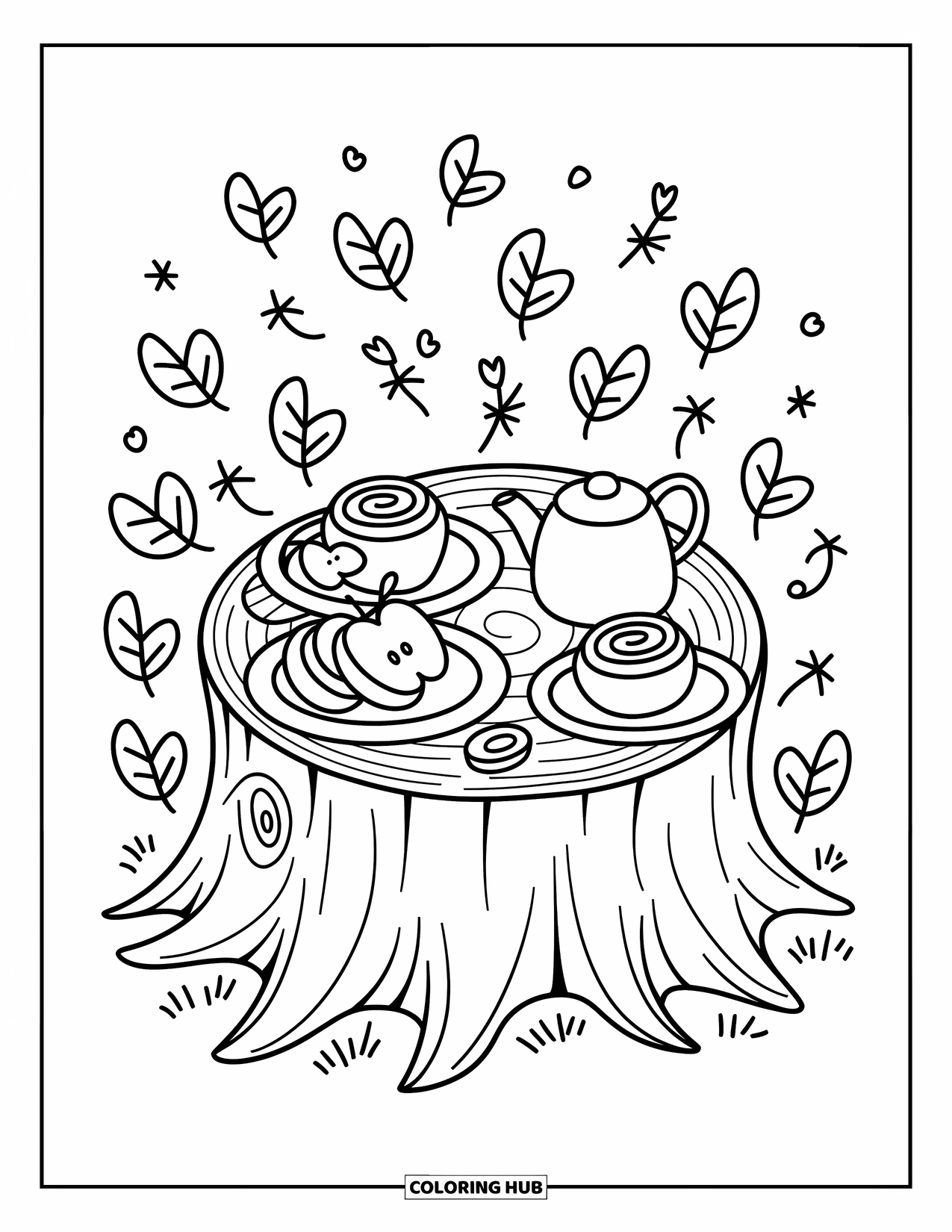 Desenho de outono para colorir para adultos: Uma mesa de toco caprichosa montada com fatias de maçã, rolinhos de canela e um bule de chá fofo