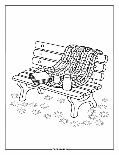 Autumn Coloring Page for Adults: A wooden bench with a blanket, book, thermos, and scattered leaf piles