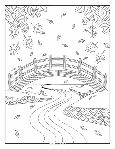 Autumn Coloring Page for Adults: A wooden bridge over a calm river with floating leaves and swirling patterns