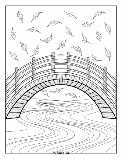 Autumn Coloring Page for Adults: A wooden bridge over peaceful water with drifting leaves and surrounding artistic patterns