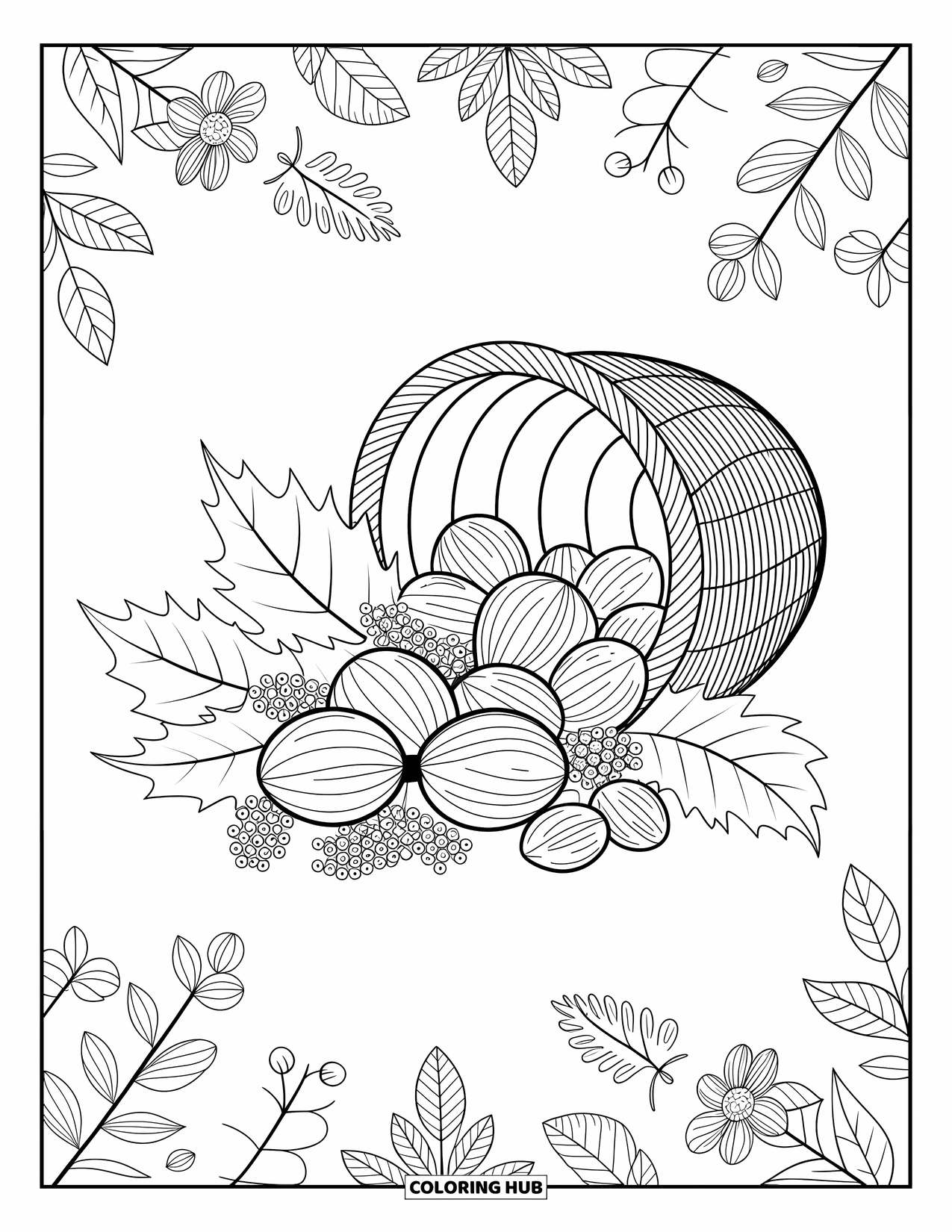 Desenho de outono para colorir para adultos: Uma cesta de vime transbordando com nozes, folhas e pequenas flores de outono cercada por padrões