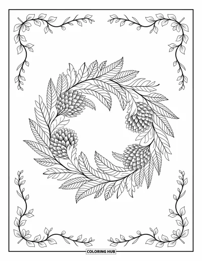Autumn Coloring Page for Adults: A wreath of pinecones, dried flowers, and autumn leaves framed by delicate vines and flowers