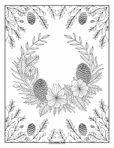 Autumn Coloring Page for Adults: An autumn wreath made of pinecones, dried flowers, and leaves with flowing vine patterns