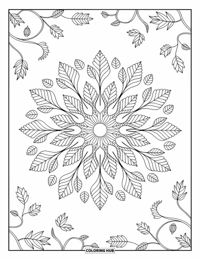 Autumn Coloring Page for Adults: An intricate mandala made of autumn leaves, acorns, and elegant swirling vines