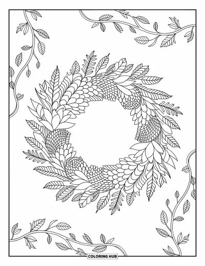 Autumn Coloring Page for Adults: An intricate wreath of pinecones and autumn leaves with swirling vine decorations