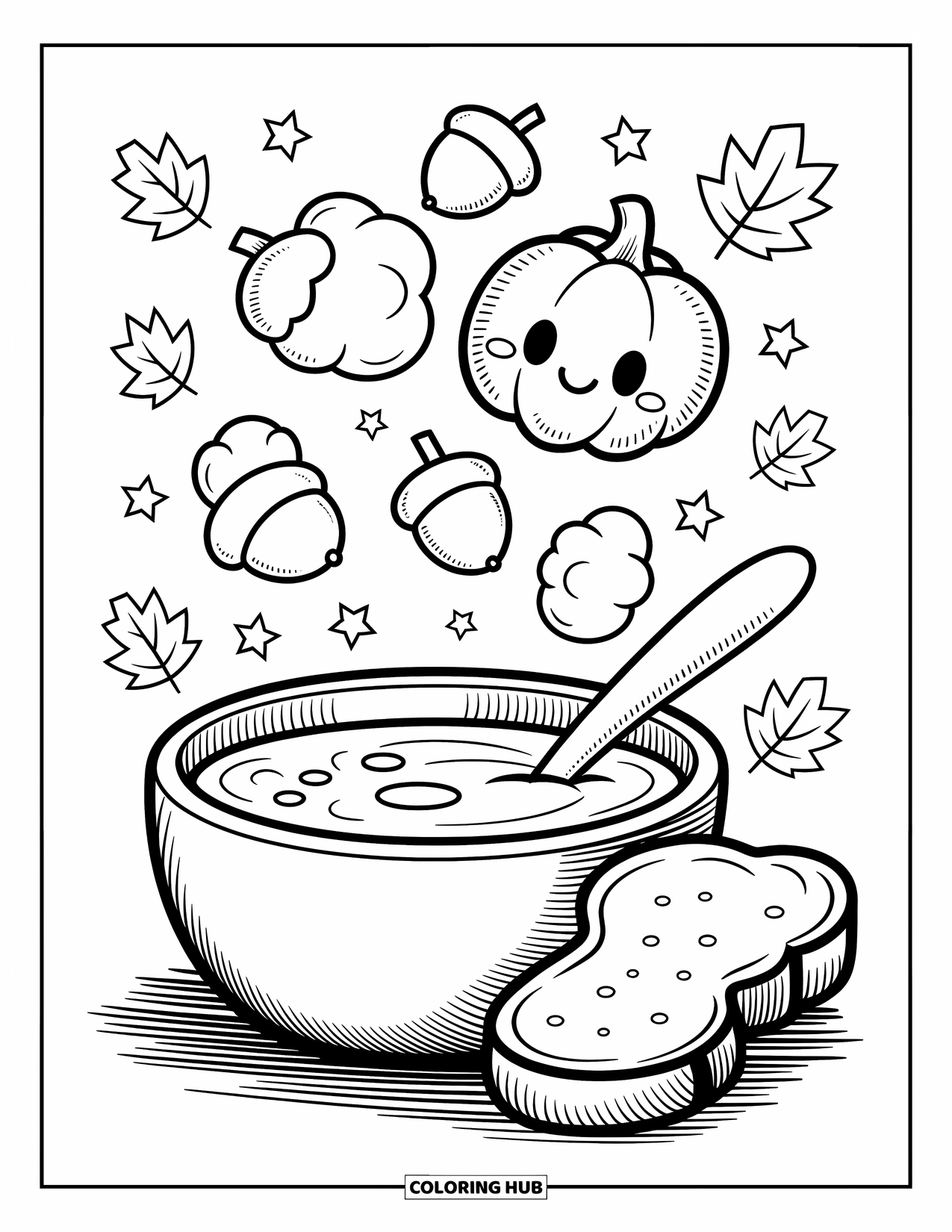 Desenho de outono para colorir para adultos: Sopa de abóbora com vapor lúdico, pequenas estrelas e pão encostado na tigela