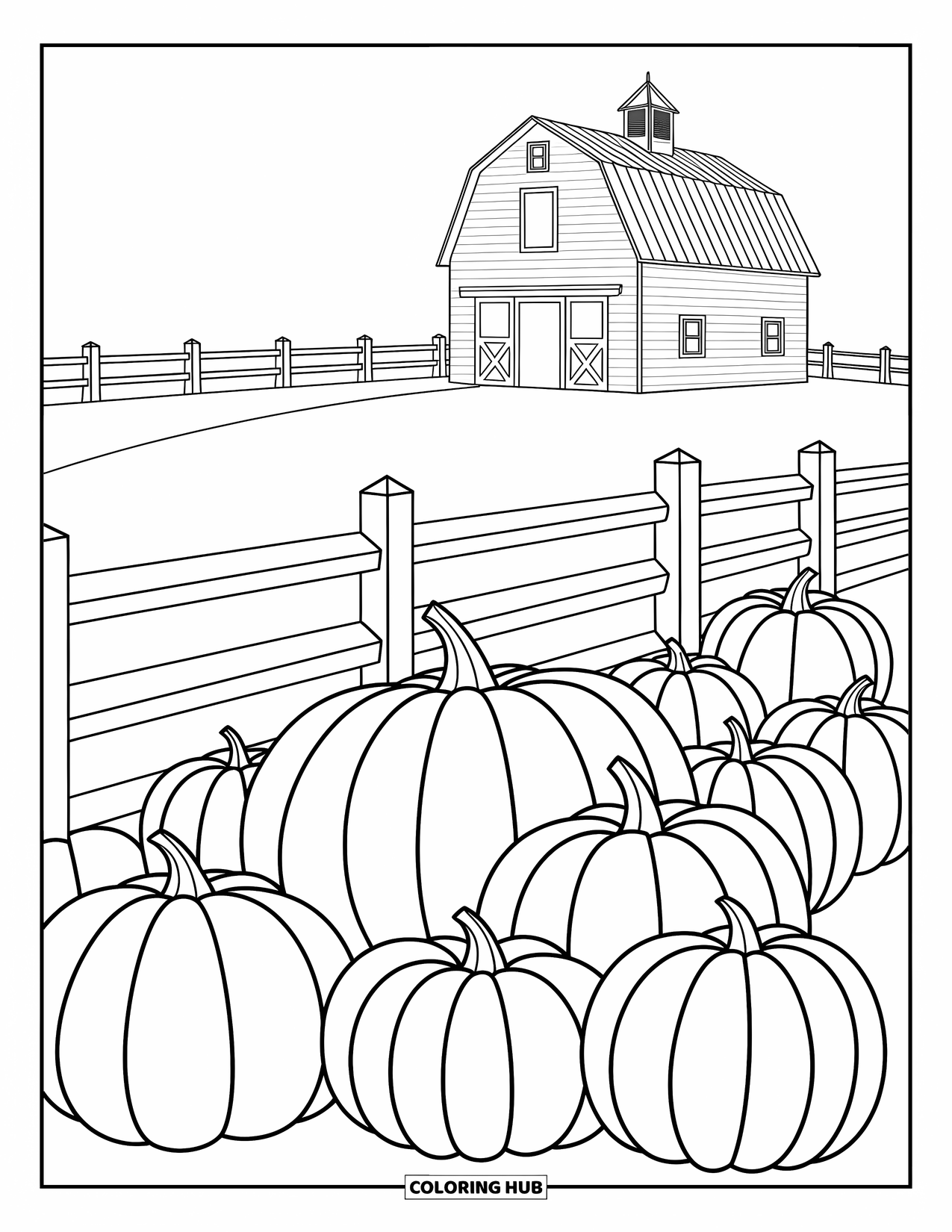 Desenho de outono para colorir para crianças: Um celeiro fica à distância com uma cerca que leva através de um campo cheio de abóboras