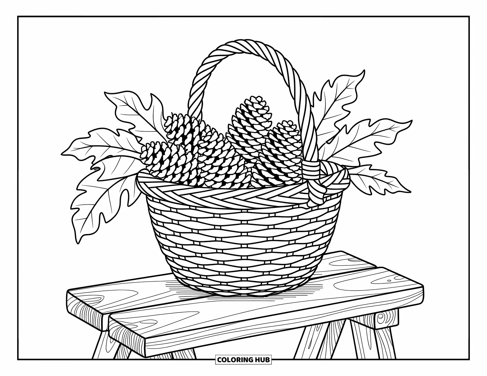 Desenho de outono para colorir para crianças: Uma cesta repleta de pinhas e folhas senta-se em um banco de madeira aconchegante