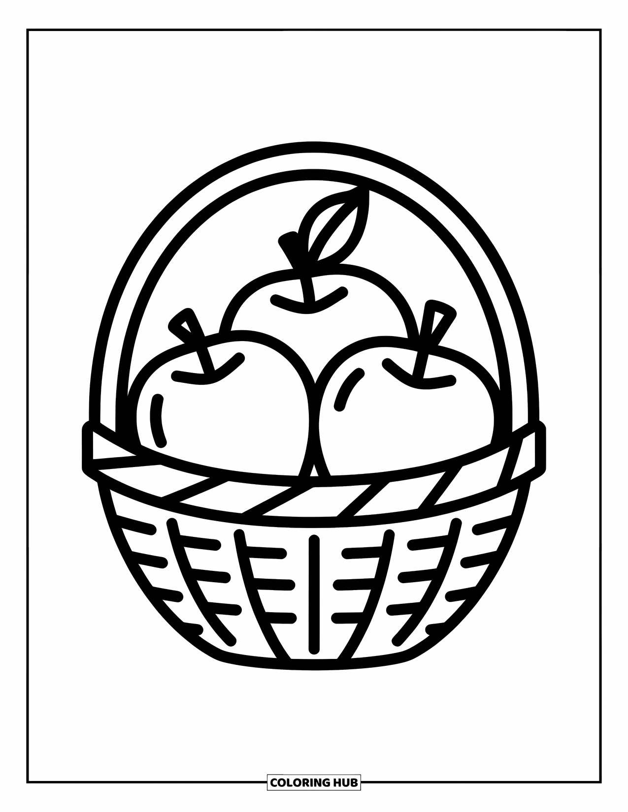 Desenho de outono para colorir para crianças: Uma cesta cheia de maçãs senta-se com uma pequena folha espreitando para fora