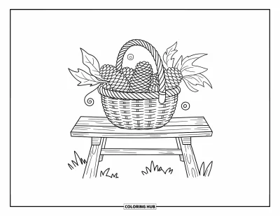 Autumn Coloring Page for Kids: A basket filled with pinecones and dried leaves resting on a wooden bench