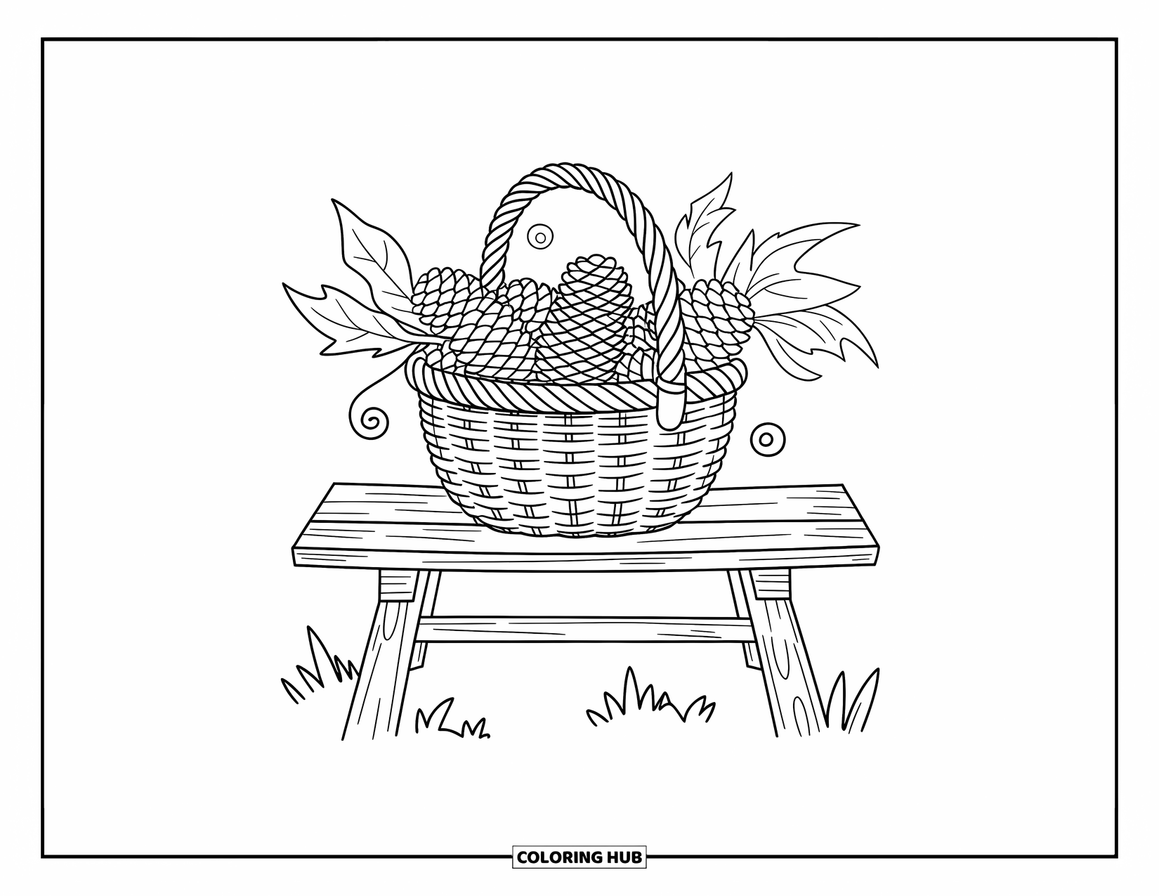 Desenho de outono para colorir para crianças: Uma cesta cheia de pinhas e folhas secas repousando em um banco de madeira