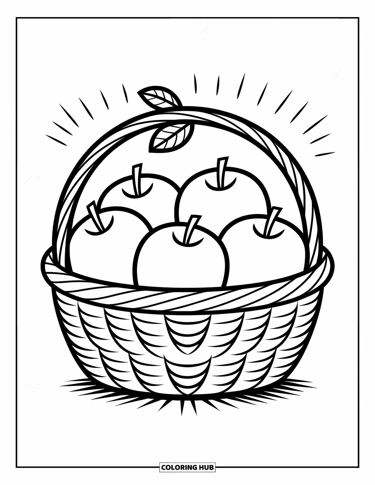 Desenho de outono para colorir para crianças: Uma cesta cheia de maçãs com uma pequena folha espreitando para fora