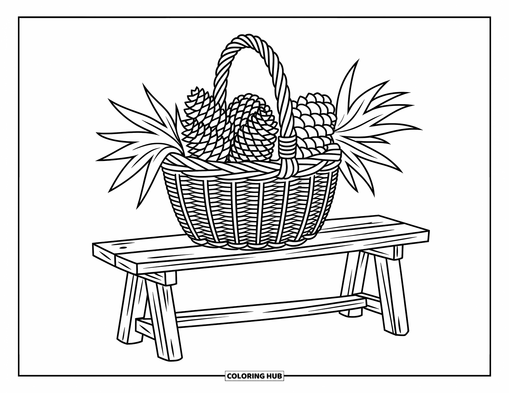 Desenho de outono para colorir para crianças: Uma cesta de pinhas e folhas secas colocada em um banco de madeira com detalhes lúdicos