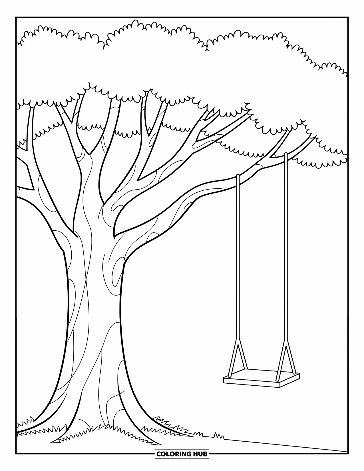 Desenho de outono para colorir para crianças: Uma árvore grande com um balanço pronto para aventuras divertidas