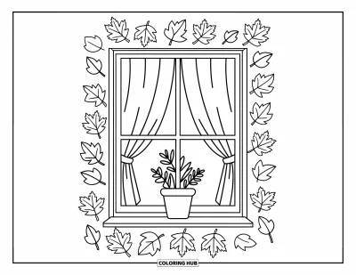 Autumn Coloring Page for Kids: A charming window with a curtain slightly open and a potted plant peeking out