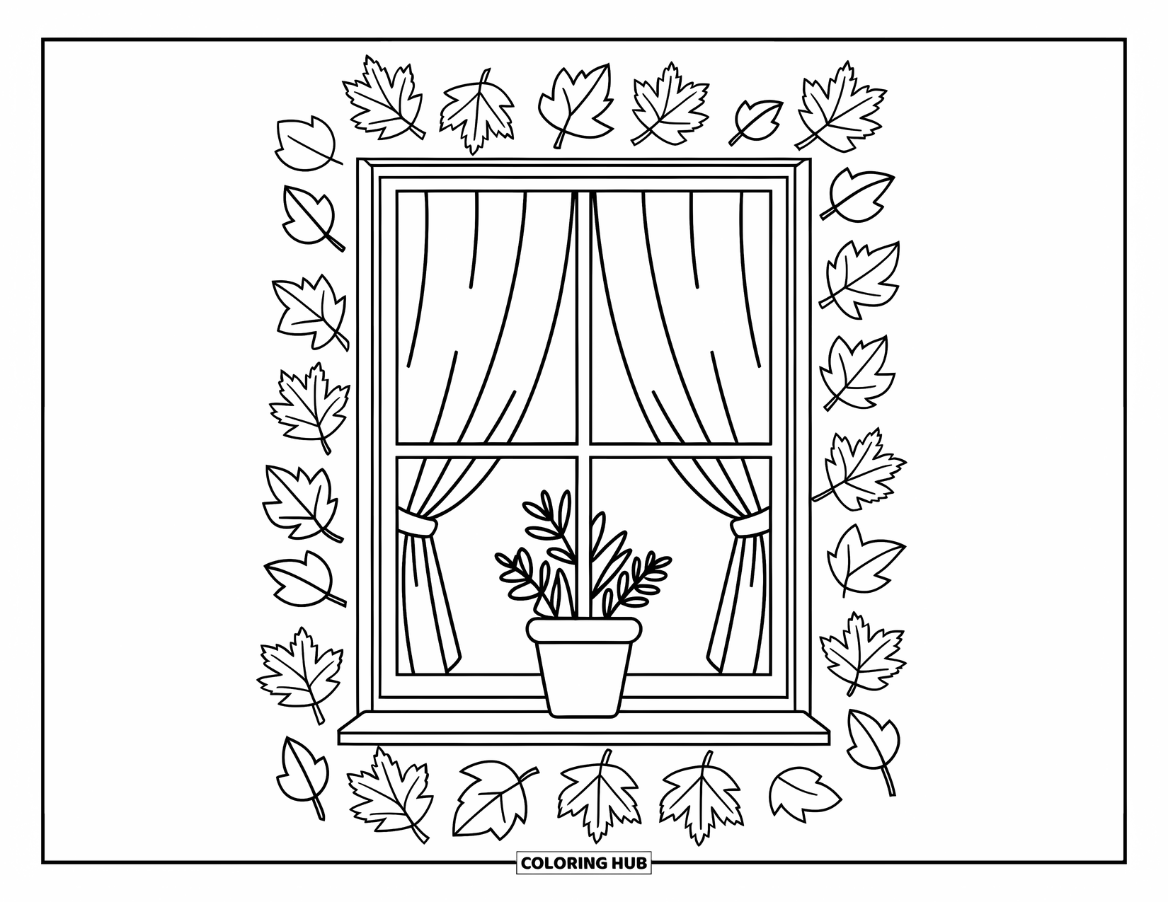 Desenho de outono para colorir para crianças: Uma janela charmosa com uma cortina ligeiramente aberta e uma planta em vaso espreitando para fora