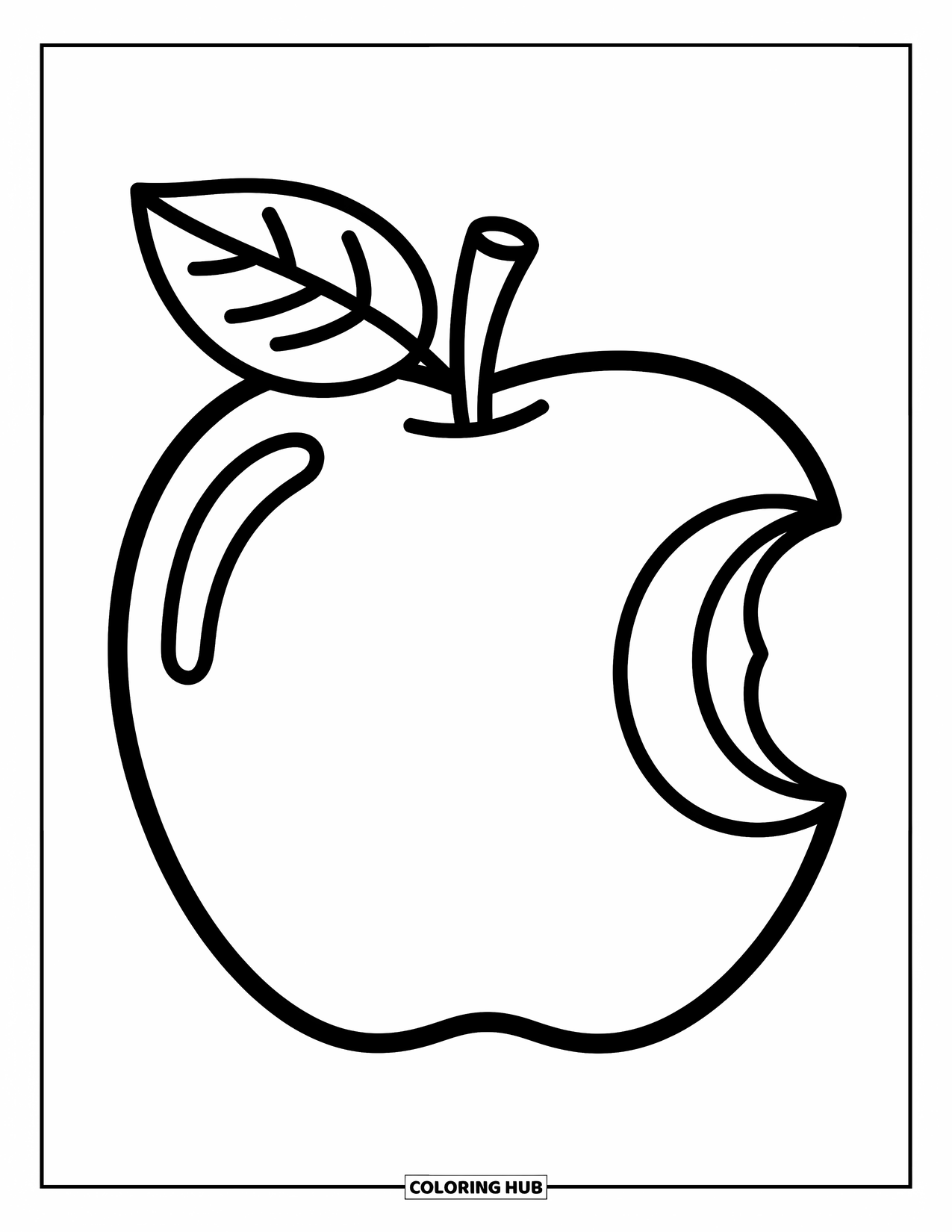 Desenho de outono para colorir para crianças: Uma maçã alegre com uma mordida e uma pequena folha em cima