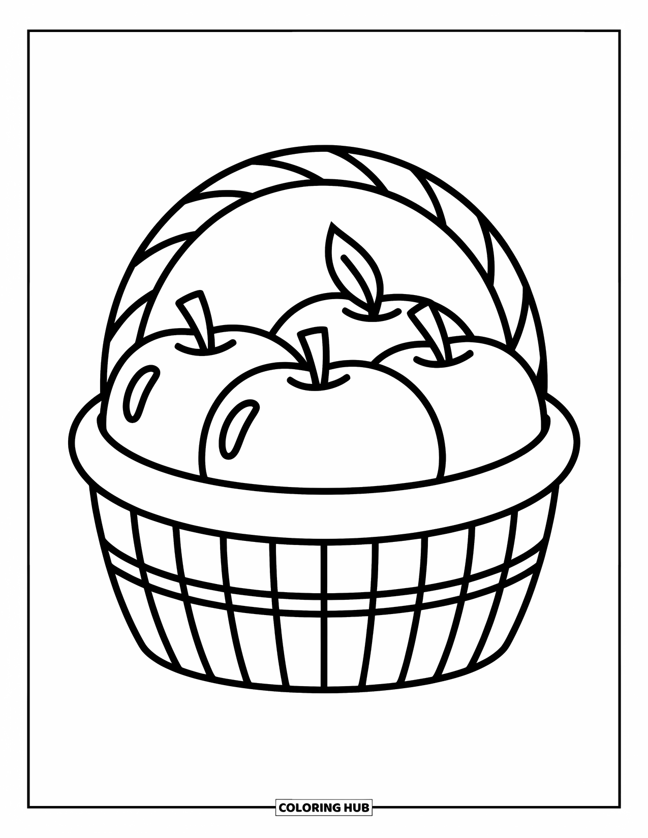 Desenho de outono para colorir para crianças: Uma cesta alegre de maçãs com uma pequena folha repousando em cima